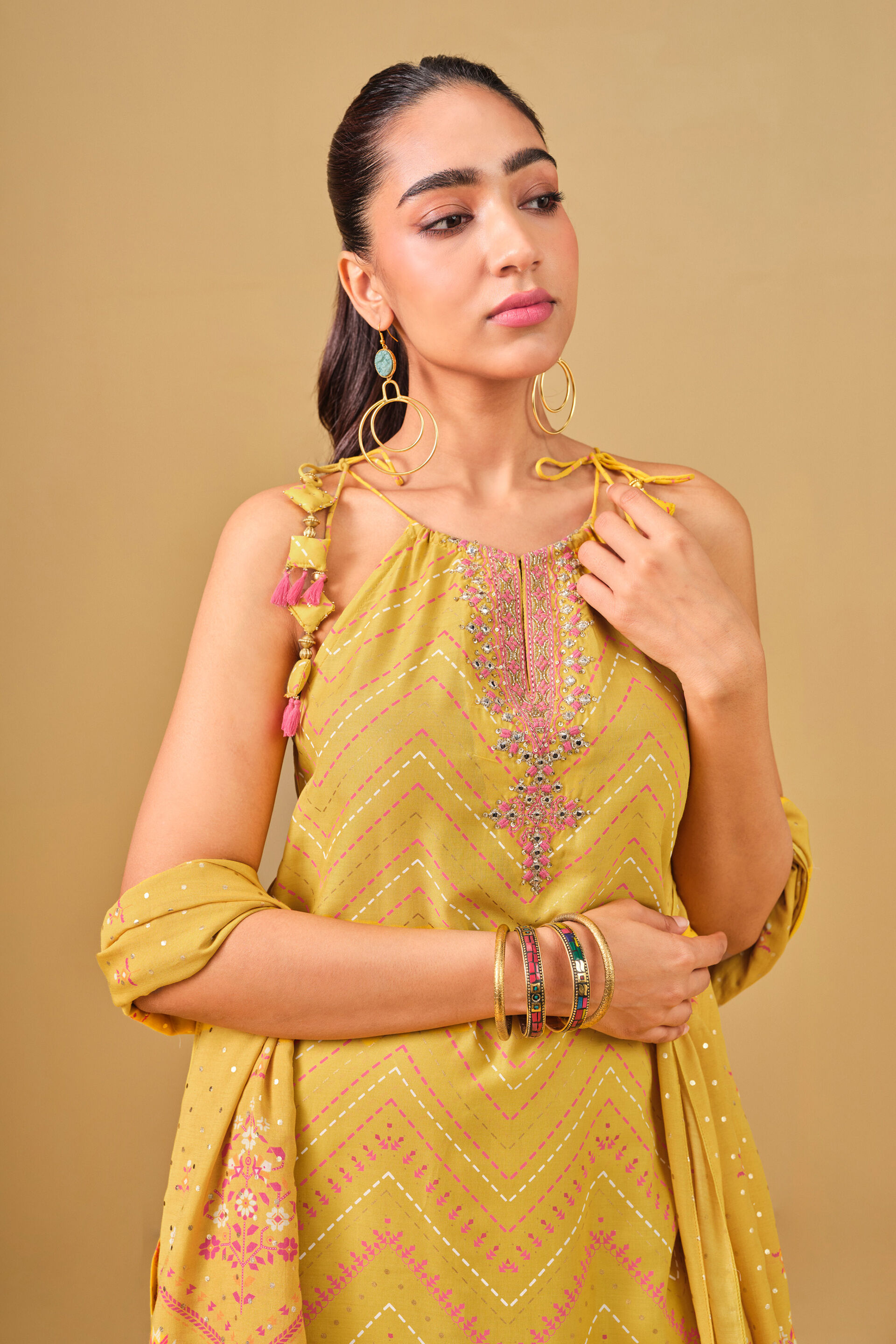 Embroidered Yellow Kurta Set, Mustard, image 5